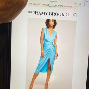 Ramy Brook Blue Ruched Midi Dress with Scoop Neck